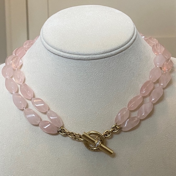 Designer SLANE ~ 18K Yellow Gold ~ Rose Quartz & Diamond Necklace Double Strand - Picture 3 of 16